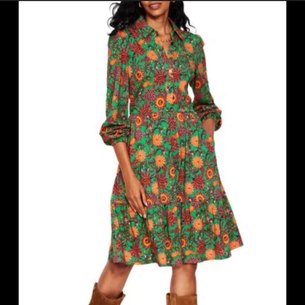 Boden Green Floral Button-Front‎ Midi Dress